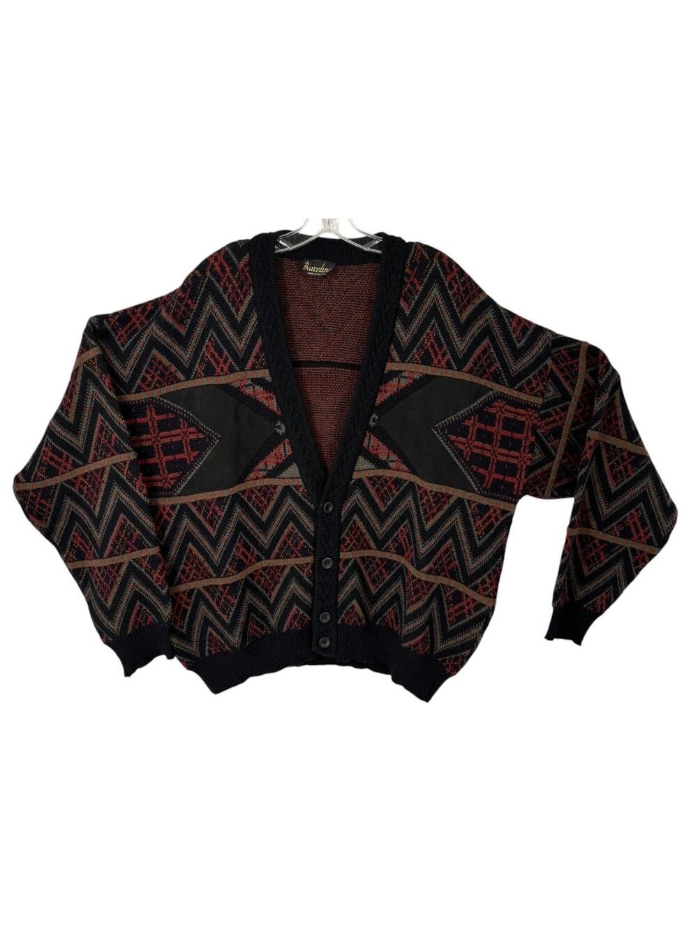 Vintage 60s Barcelino Mens Cardigan XL Wool Blend Abstract Sweater Mid Century